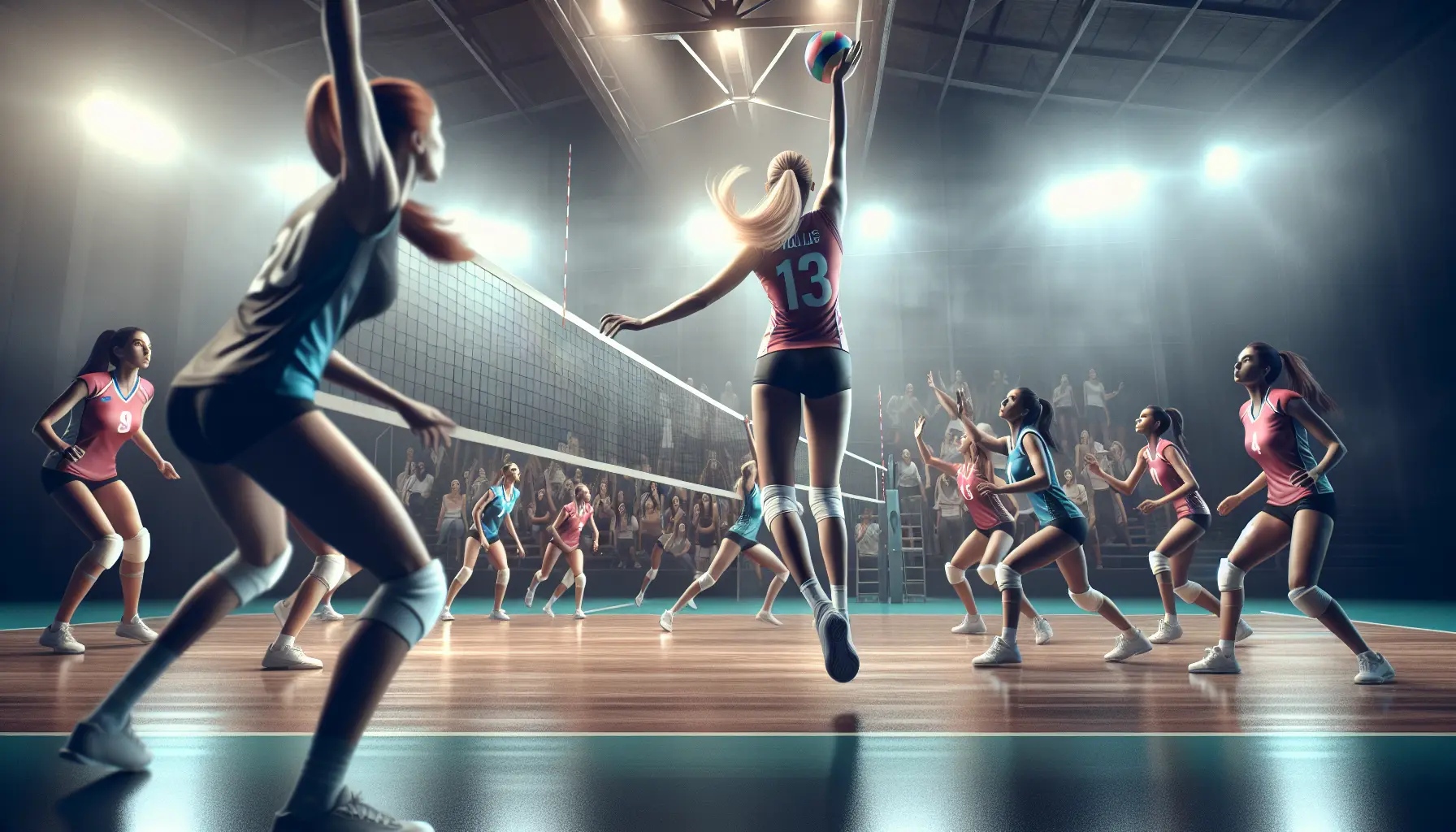 Giocatrici di pallavolo femminile in azione durante una partita, simbolo di empowerment e parità di genere.