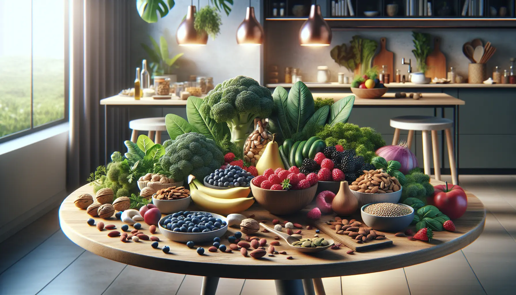 Un assortimento di superfood come bacche di goji, quinoa e curcuma su un tavolo di legno, simbolo di salute e nutrizione.
