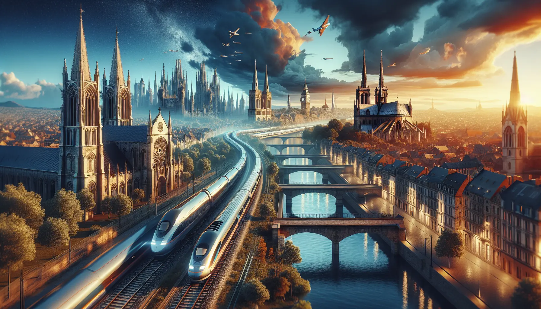 Treno ad alta velocità che attraversa la campagna europea con paesaggi pittoreschi sullo sfondo.
