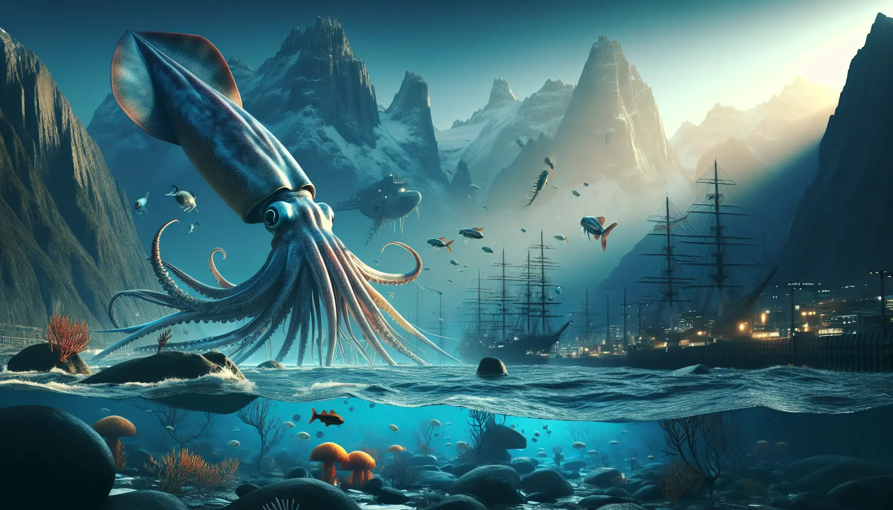 Un calamaro colossale nuota nelle profondità oceaniche, mostrando i suoi tentacoli e la sua imponente figura.