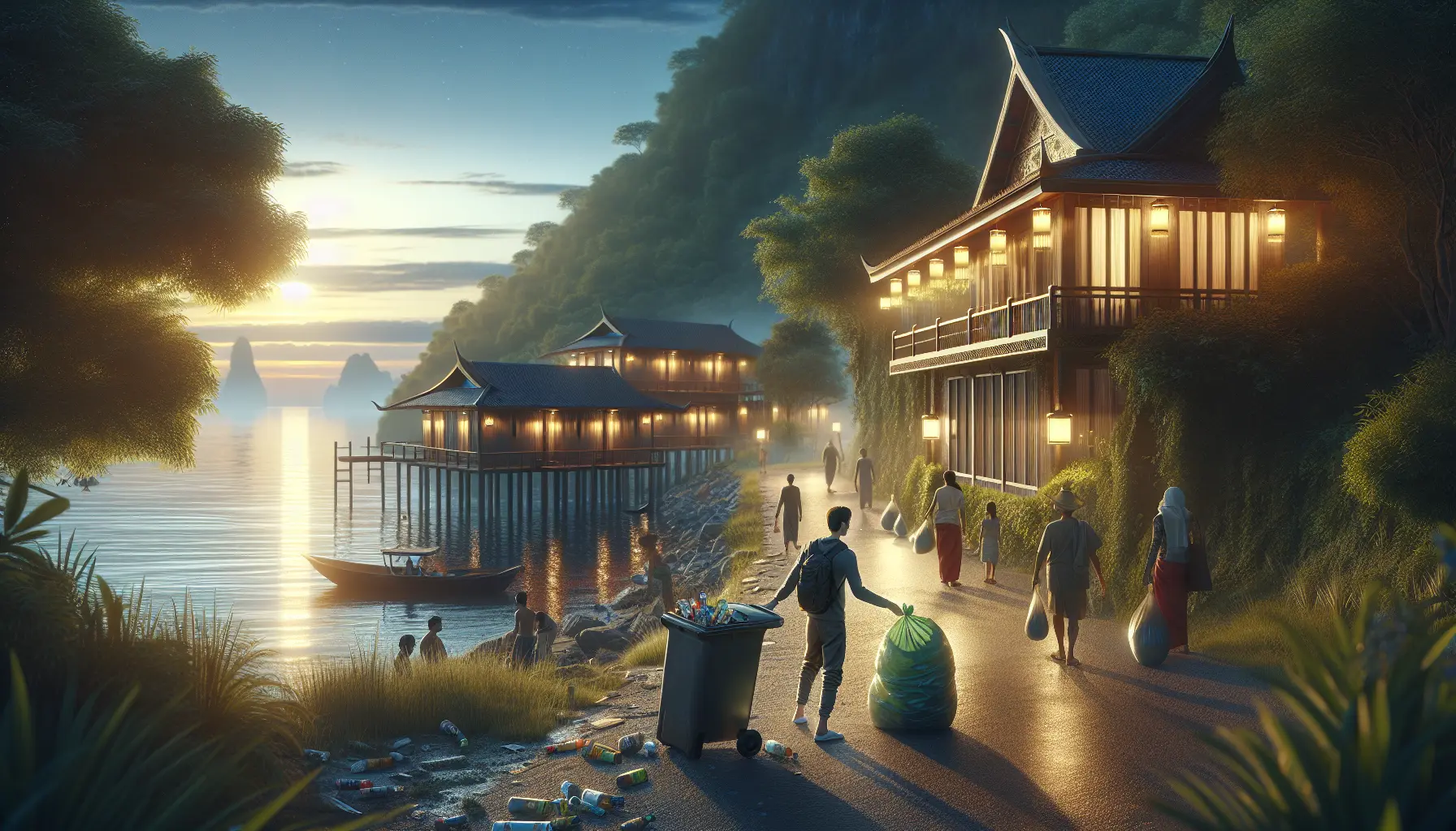 Viaggiatori che esplorano un ambiente naturale con attenzione per la sostenibilità e l'ecologia.