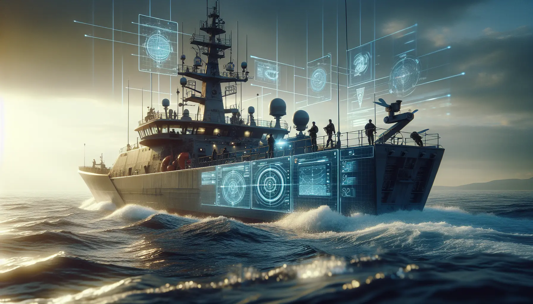 Nave moderna in navigazione con equipaggio a bordo, simbolo di sicurezza marittima e innovazione nel trasporto navale.