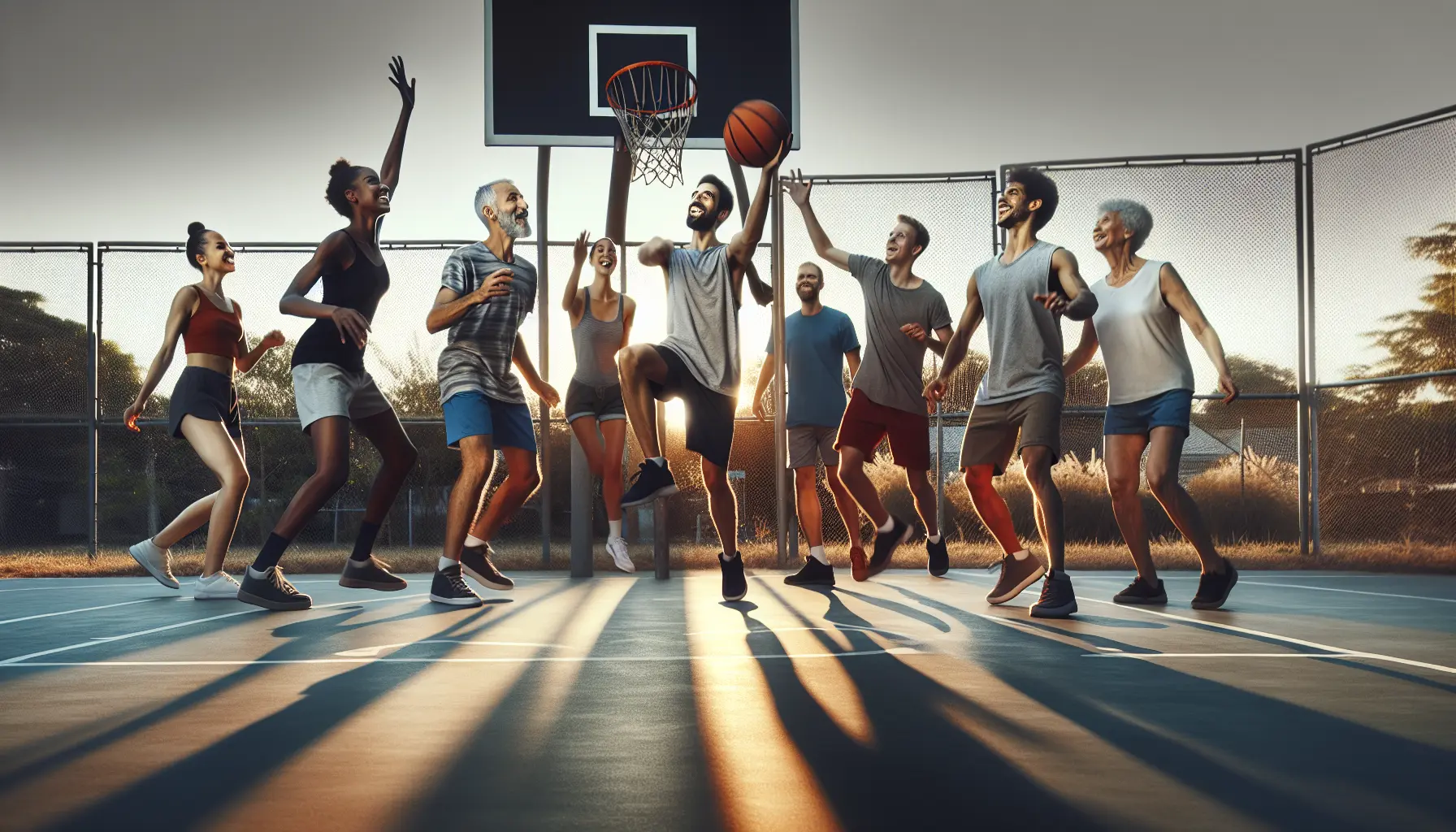 Giocatori di basket in campo, impegnati in un'azione di gioco che rappresenta l'inclusione e la comunità.