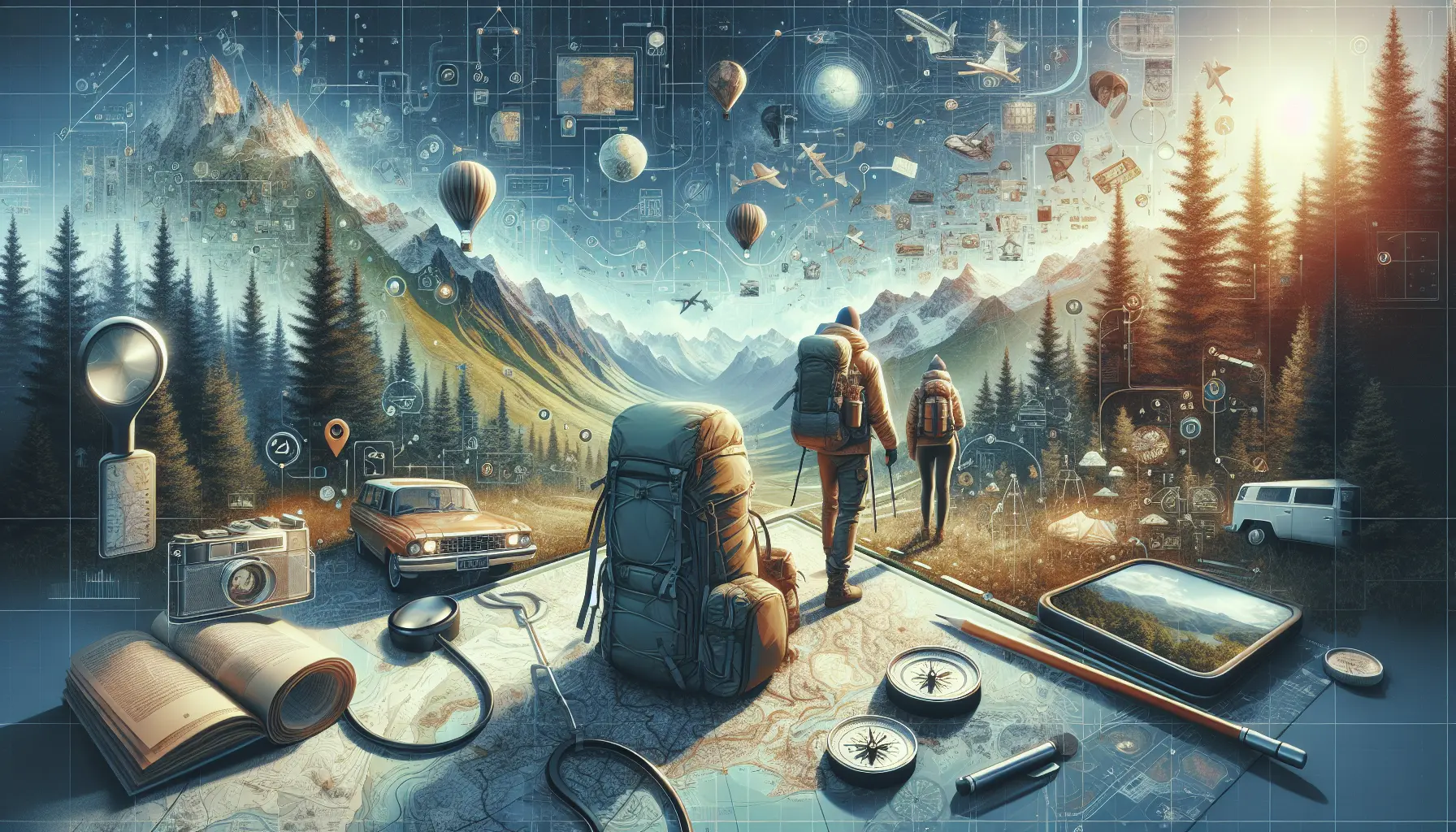 Un gruppo di amici che si gode una microavventura in natura, circondati da alberi e montagne.