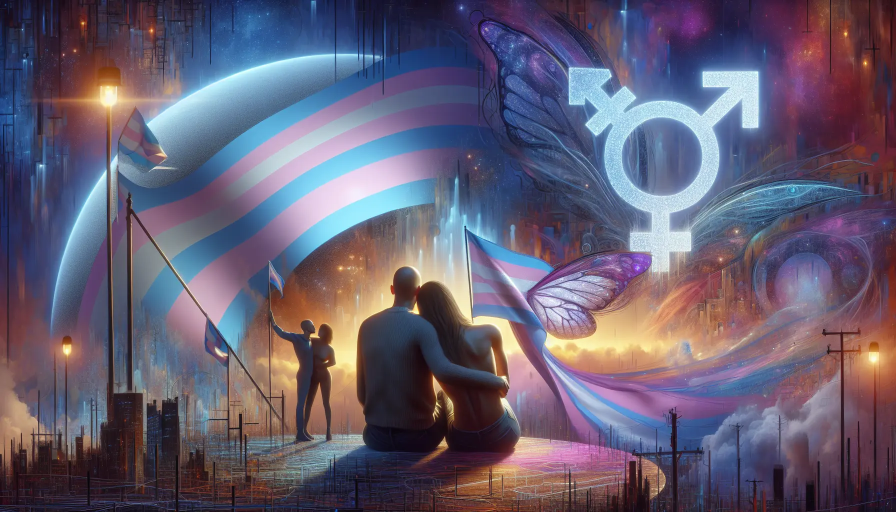 Rappresentazione di un gruppo diversificato di persone che si sostengono a vicenda, simbolo di inclusione e accettazione delle identità transgender.