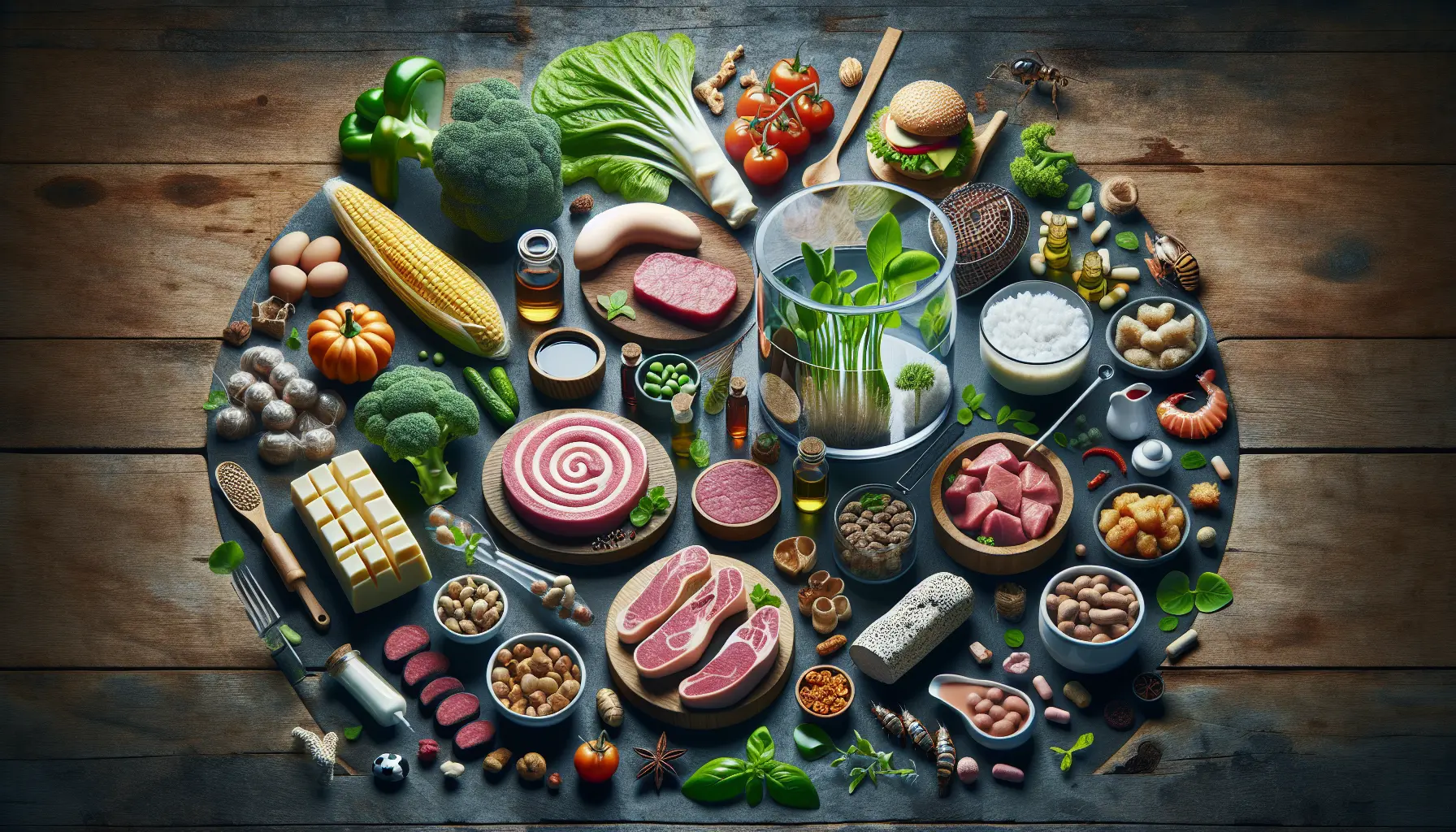Un piatto colorato con alternative vegetali alla carne, come burger e verdure fresche, rappresentando un futuro sostenibile.