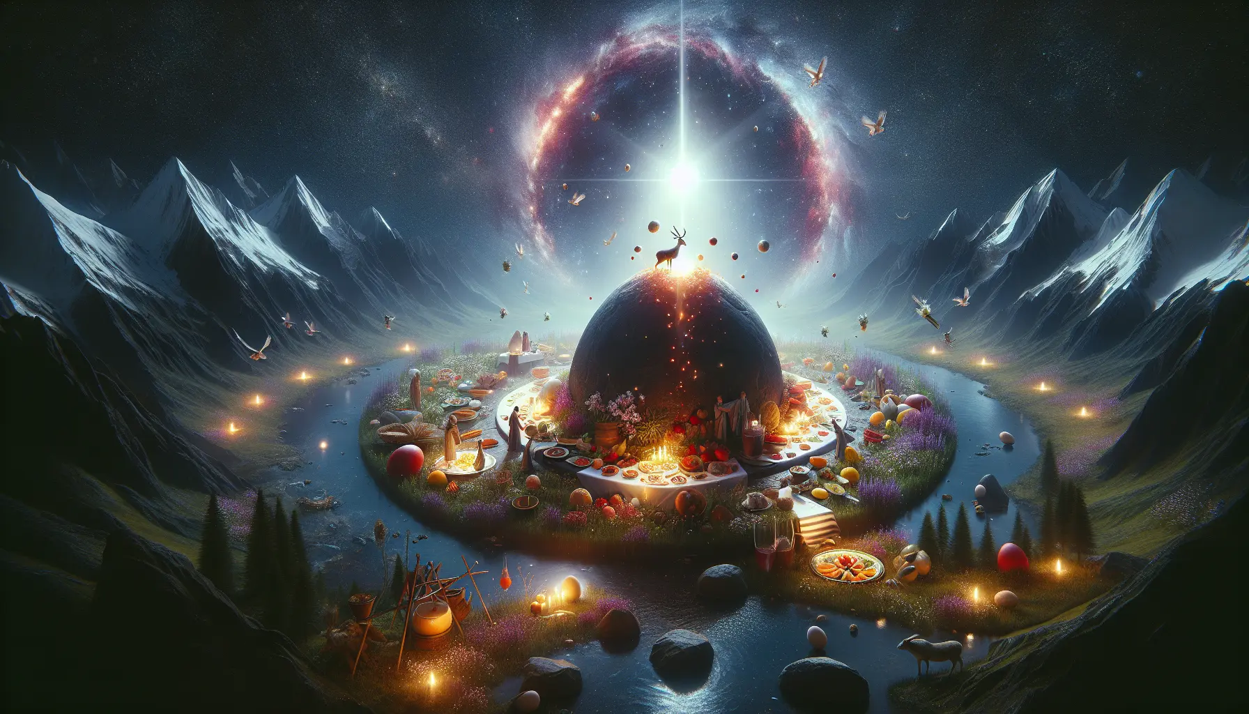 Decorazioni pasquali con uova colorate e coniglietti in un contesto primaverile