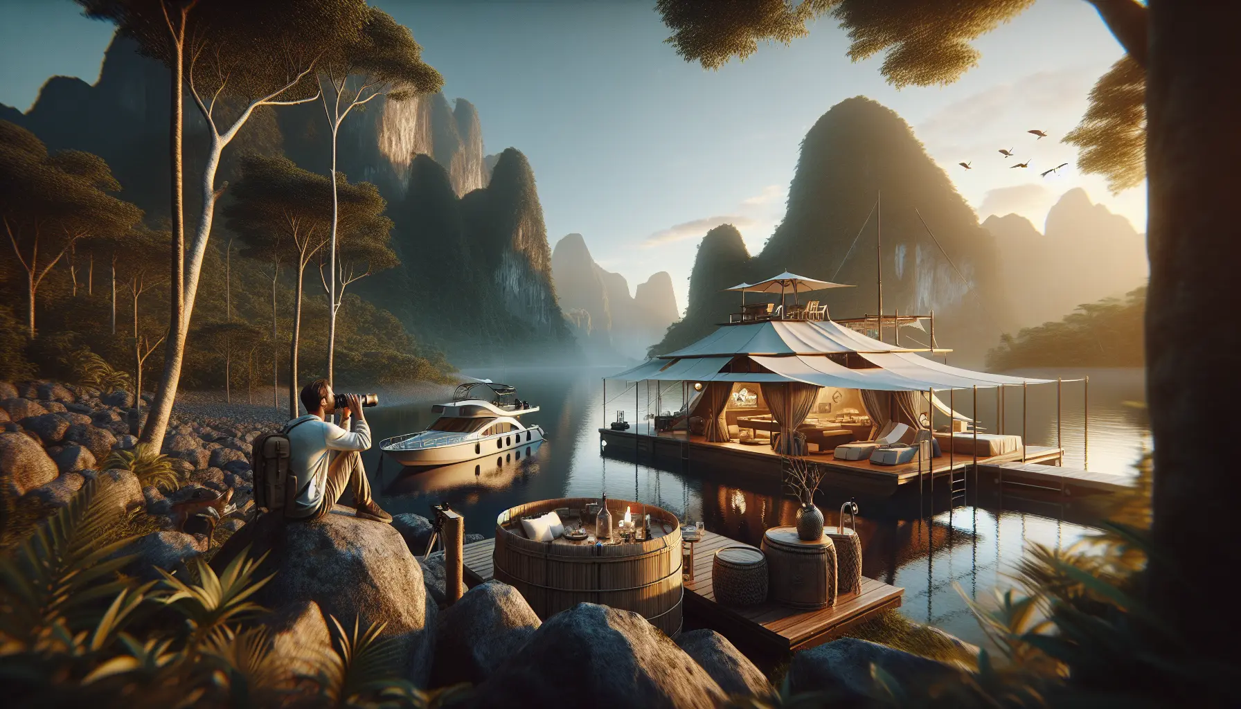 Panorama di un percorso naturale con montagne e alberi, simbolo di avventure sostenibili e lussuose.