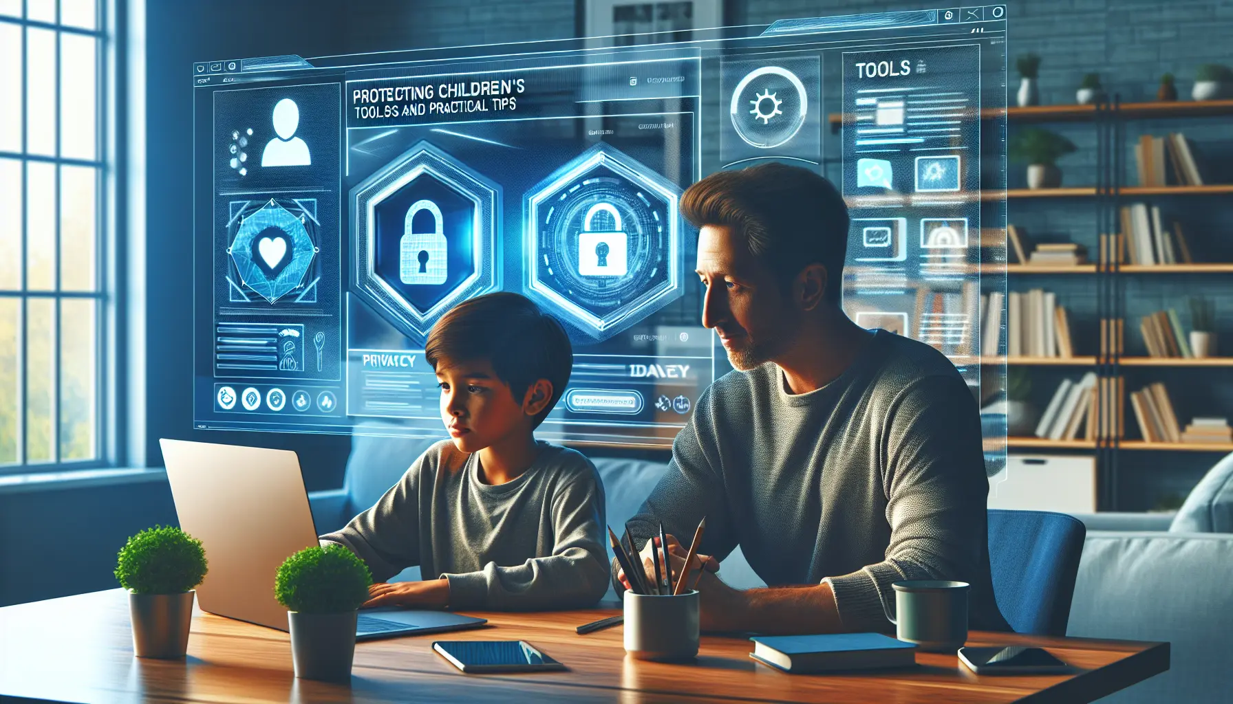 Un genitore che insegna al proprio figlio come navigare in sicurezza online, utilizzando un computer portatile.
