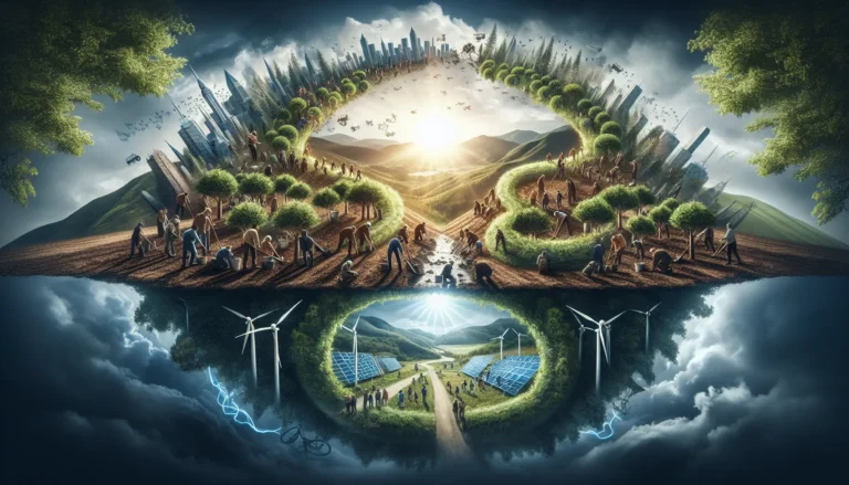 Un gruppo di volontari pianta alberi in un'area degradata, simbolo di speranza e rinascita per l'ambiente.