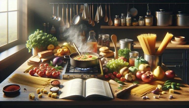 Un piatto di pasta al pomodoro fresco servito in un ambiente accogliente, con ingredienti freschi e colorati sul tavolo.