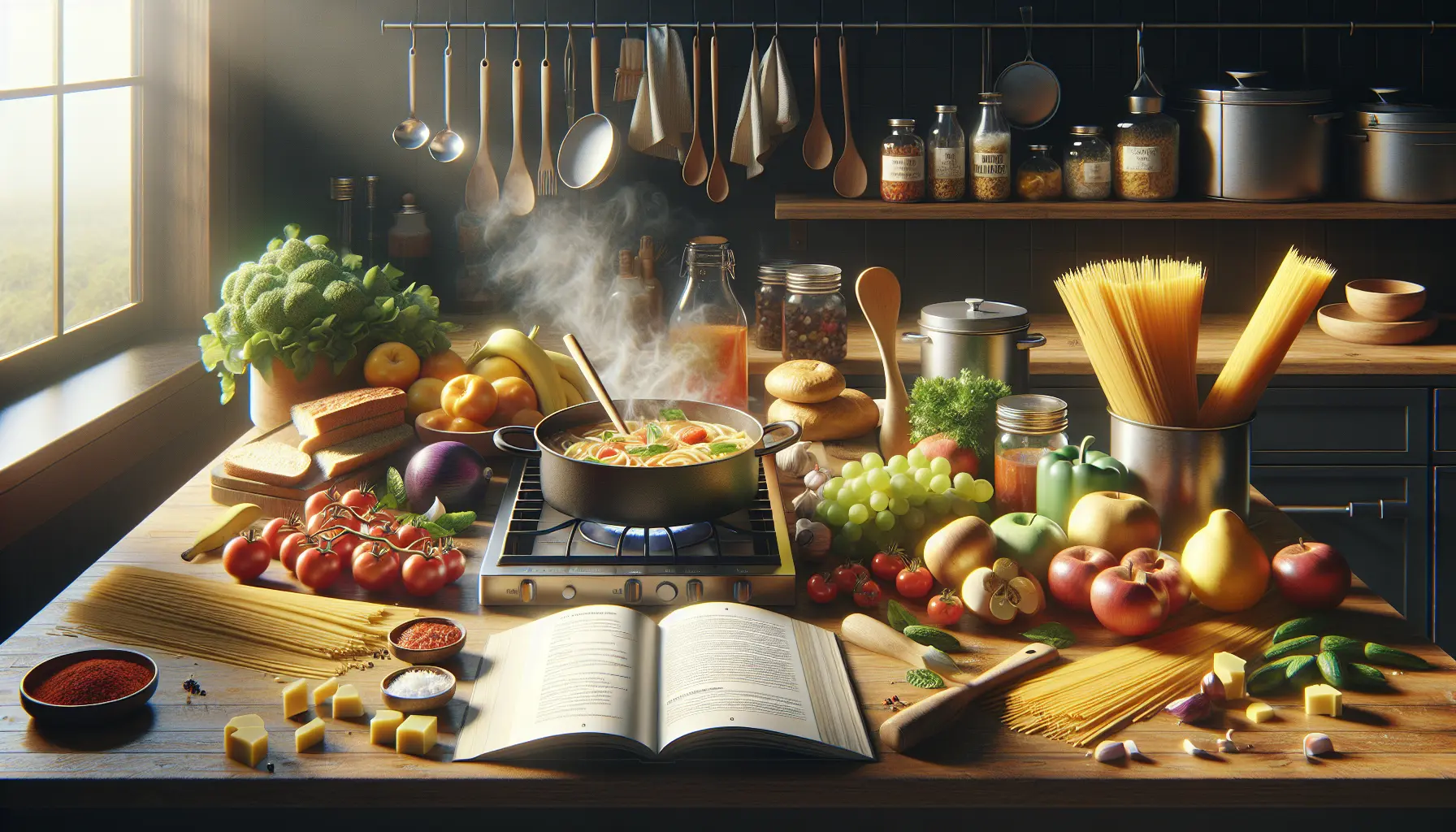 Un piatto di pasta al pomodoro fresco servito in un ambiente accogliente, con ingredienti freschi e colorati sul tavolo.