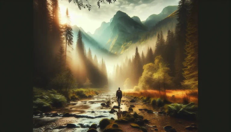 Un sentiero sereno immerso nella natura, circondato da alberi e fiori, simbolo di tranquillità e benessere.