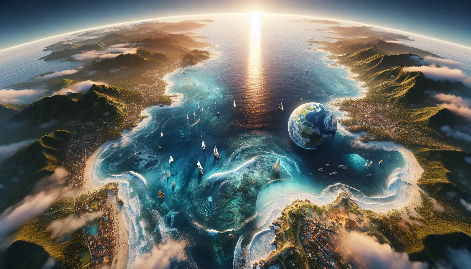 Vista panoramica di un'immensa distesa d'acqua dell'Oceano Atlantico con il sole che tramonta all'orizzonte.