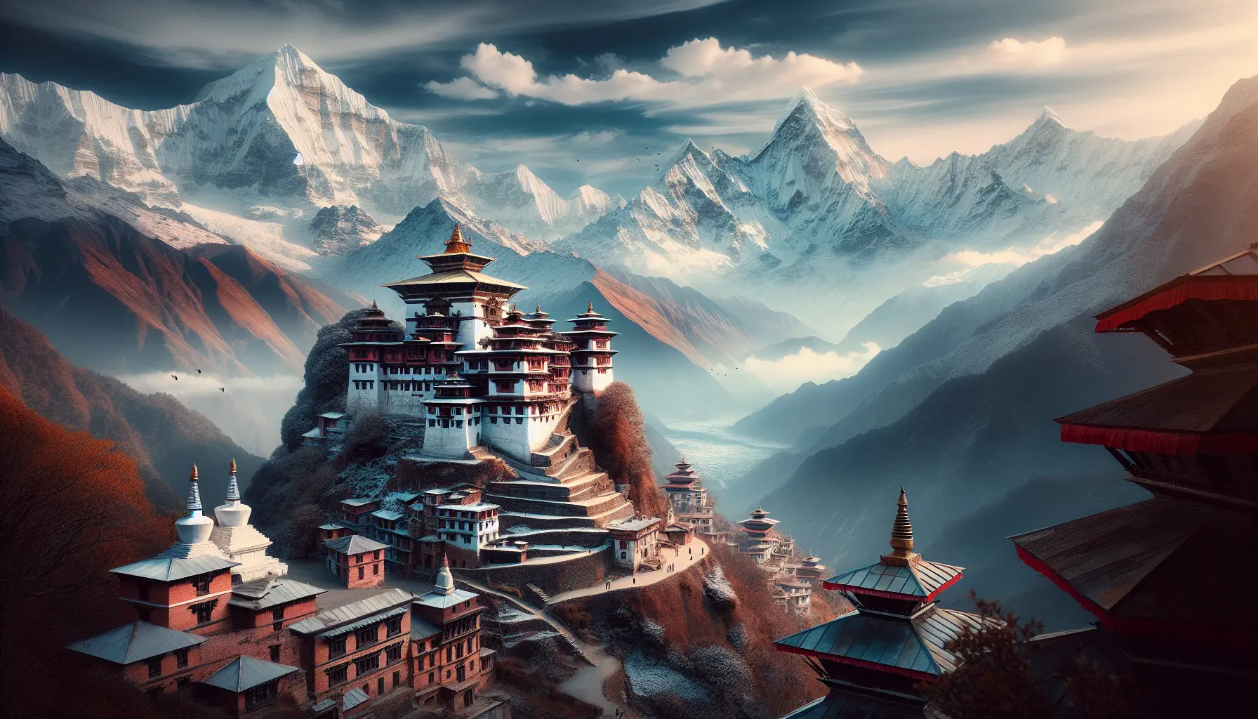 Panorama delle montagne dell'Himalaya che dominano il paesaggio nepalese, circondato da nuvole e natura incontaminata.