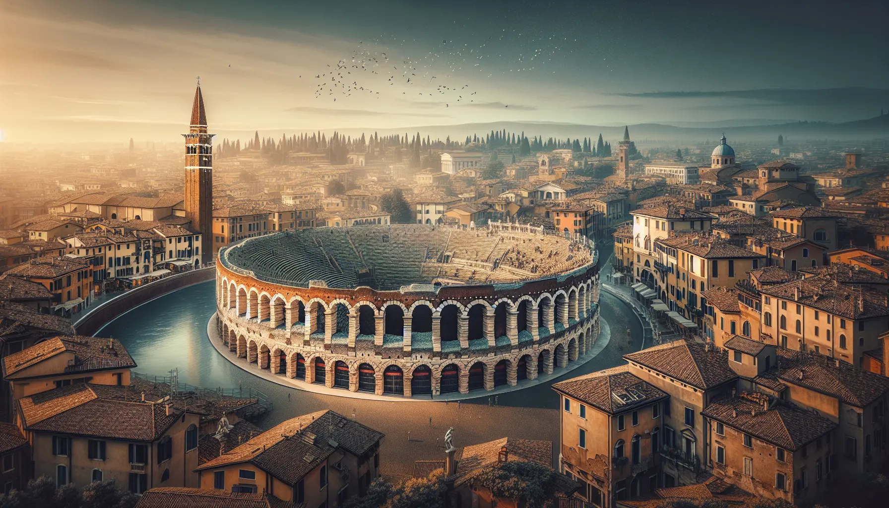 Vista panoramica di Verona con l'Arena e il fiume Adige al tramonto