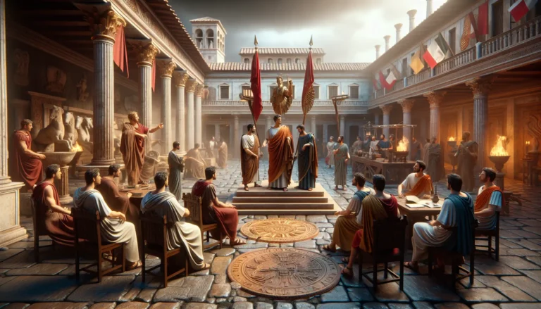 Ritratto di Settimio Severo, imperatore romano, vestito con armatura e mantello, simbolo di potere e leadership.