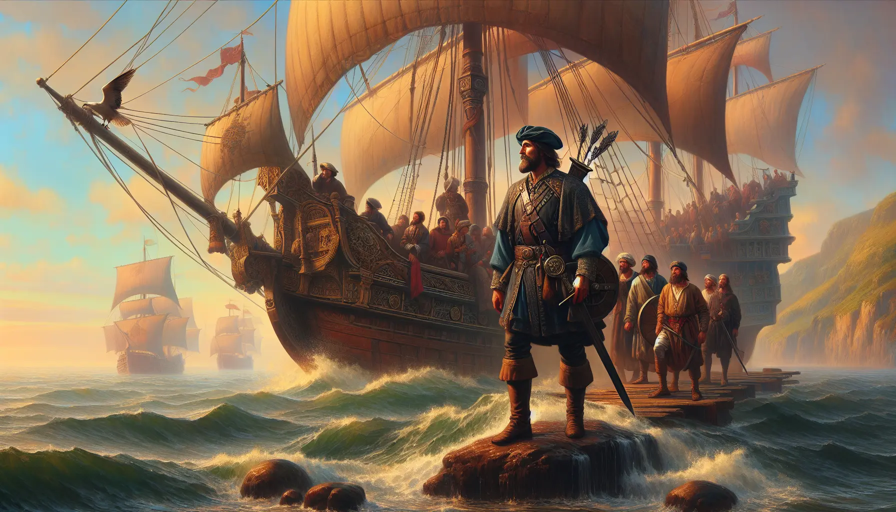 Rappresentazione artistica di Sir Francis Drake in navigazione, con navi e mappe sullo sfondo.