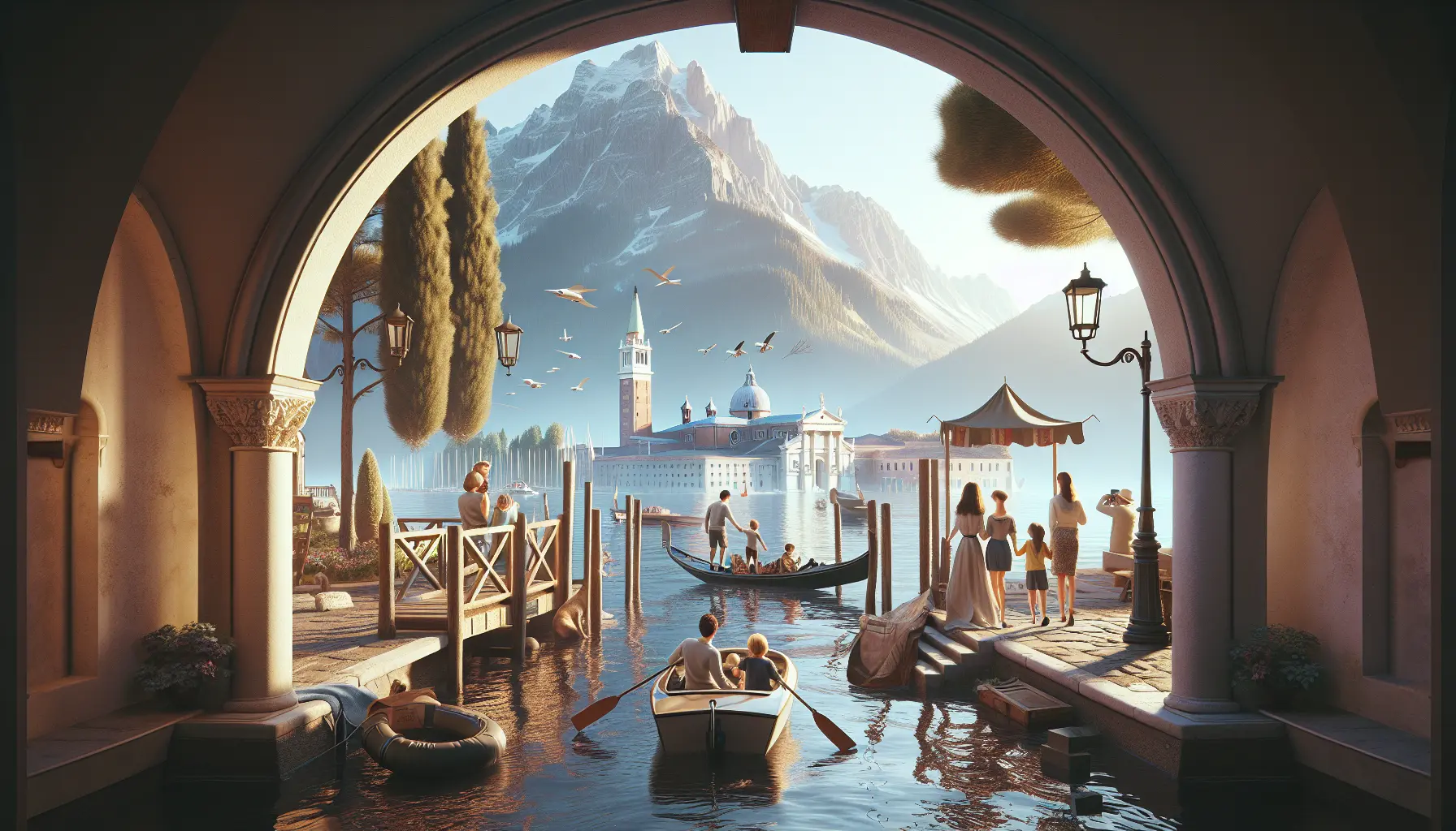 Una famiglia in viaggio che esplora una destinazione sostenibile, circondata da natura e cultura locale.
