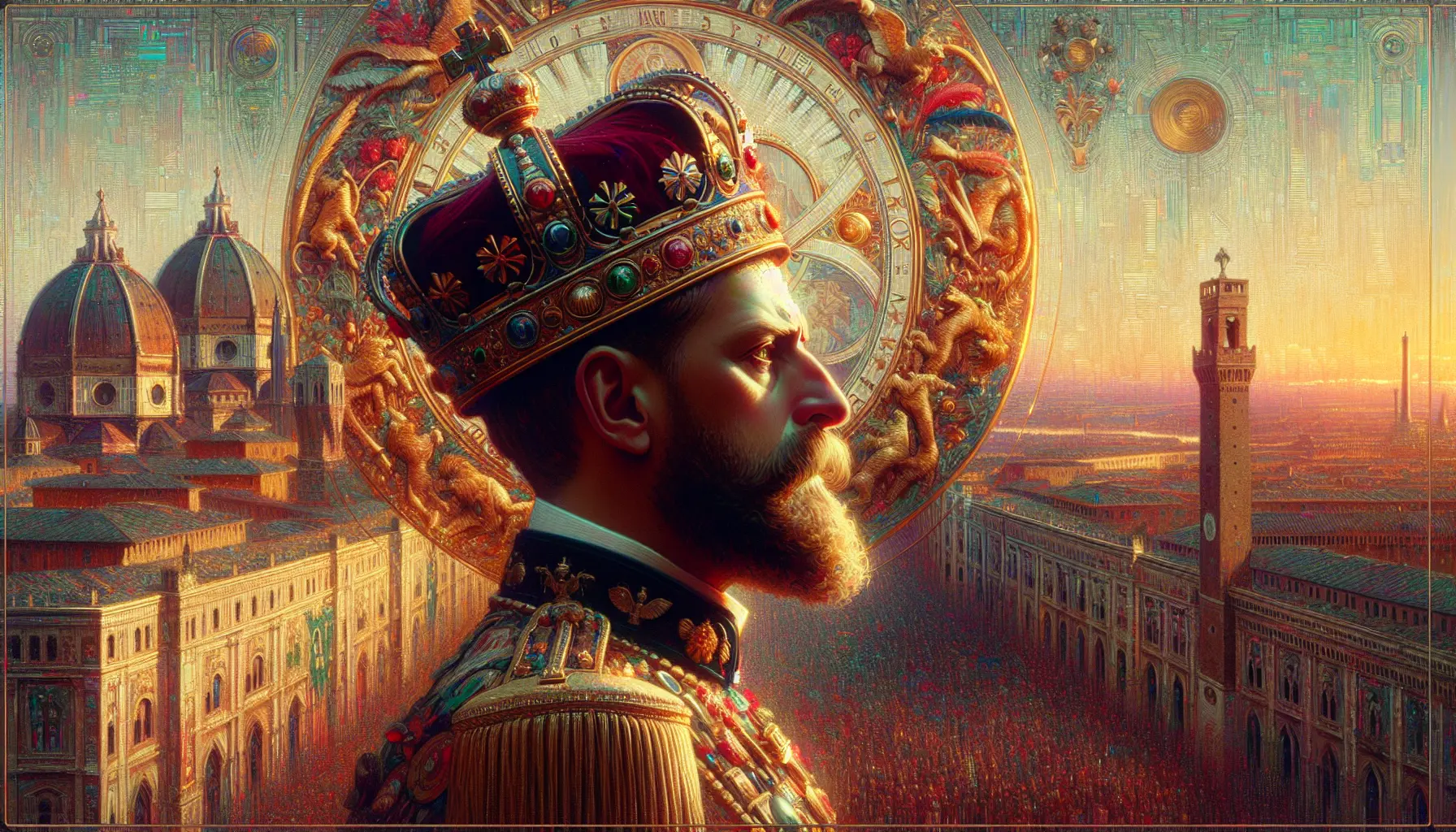 Ritratto di Umberto I di Savoia, il secondo Re d'Italia, in uniforme regale, simbolo di un'epoca di transizione e sfide per la nazione.