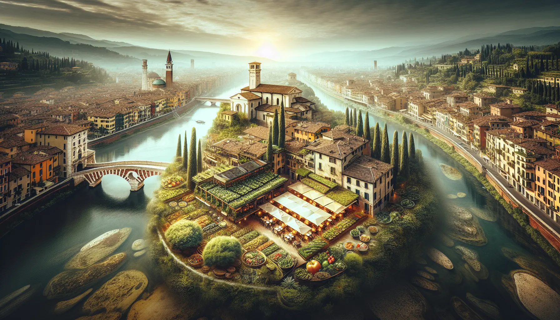 Vista panoramica di Verona con piatti tipici in primo piano, rappresentando l'essenza della tradizione culinaria italiana.
