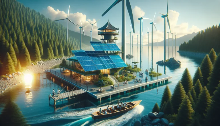 Un paesaggio naturale incontaminato con un pannello solare e una turbina eolica, simboli di energia rinnovabile nel turismo sostenibile.