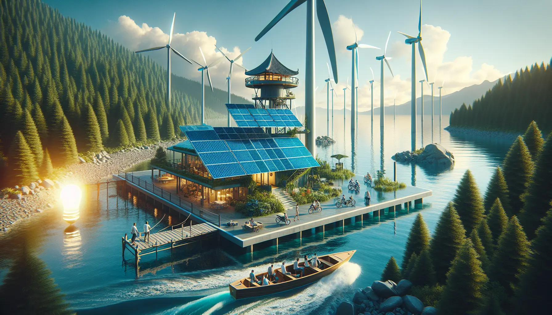 Un paesaggio naturale incontaminato con un pannello solare e una turbina eolica, simboli di energia rinnovabile nel turismo sostenibile.