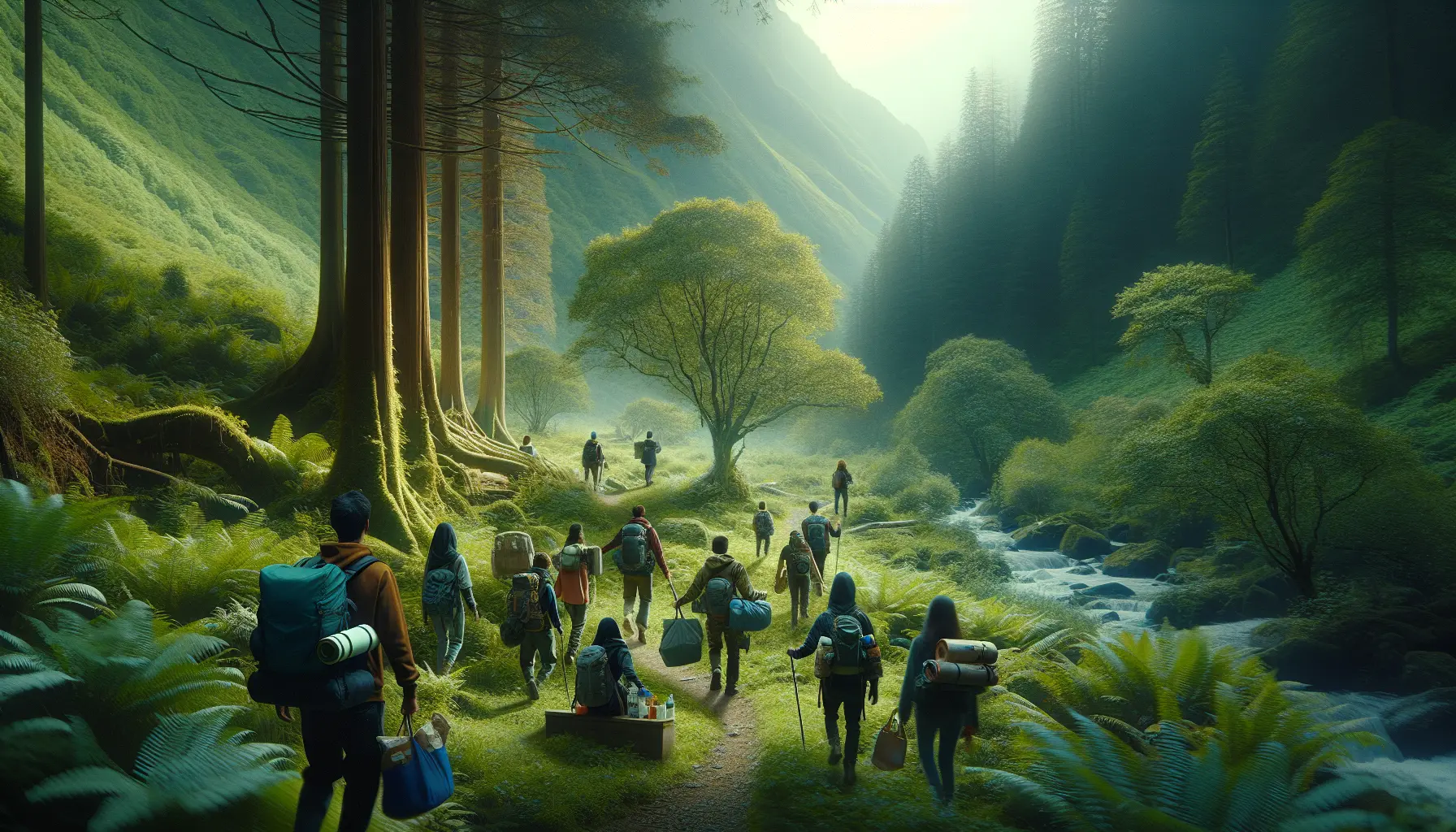 Gruppo di viaggiatori che esplora un sentiero naturale circondato da paesaggi mozzafiato.