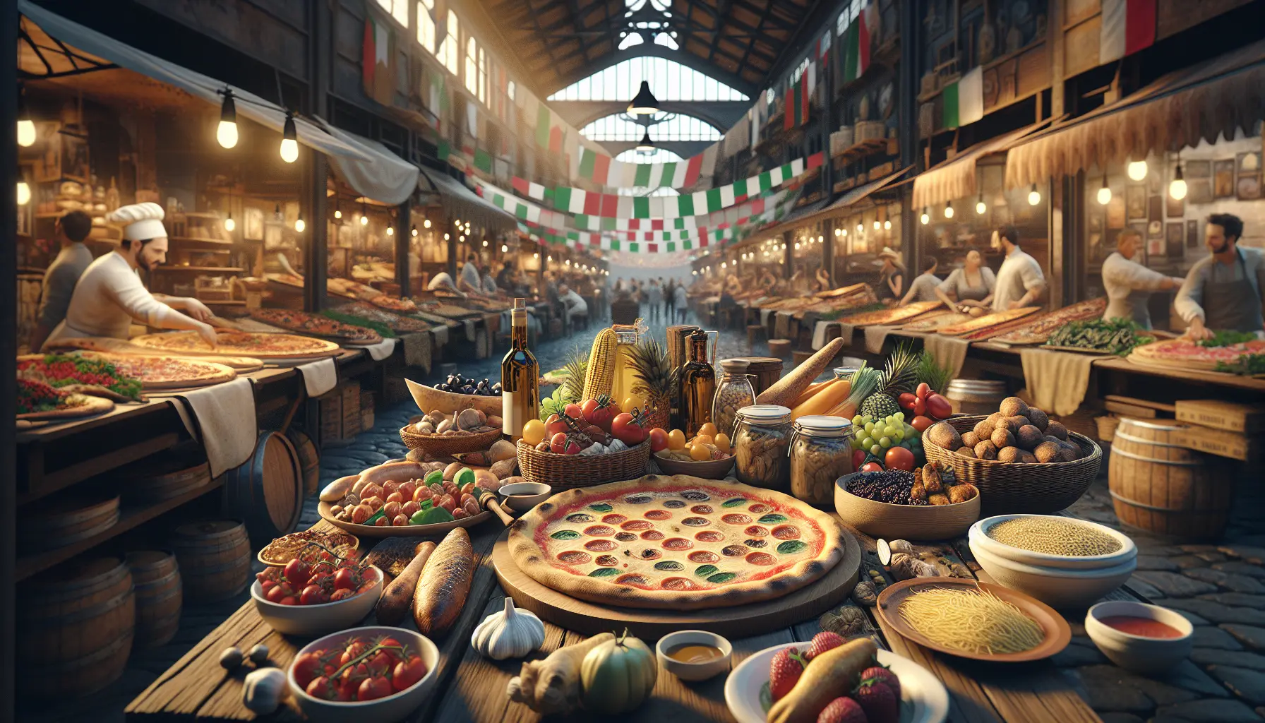 Un tavolo imbandito con piatti tipici della cucina regionale italiana, tra cui pizza, pasta e verdure fresche.