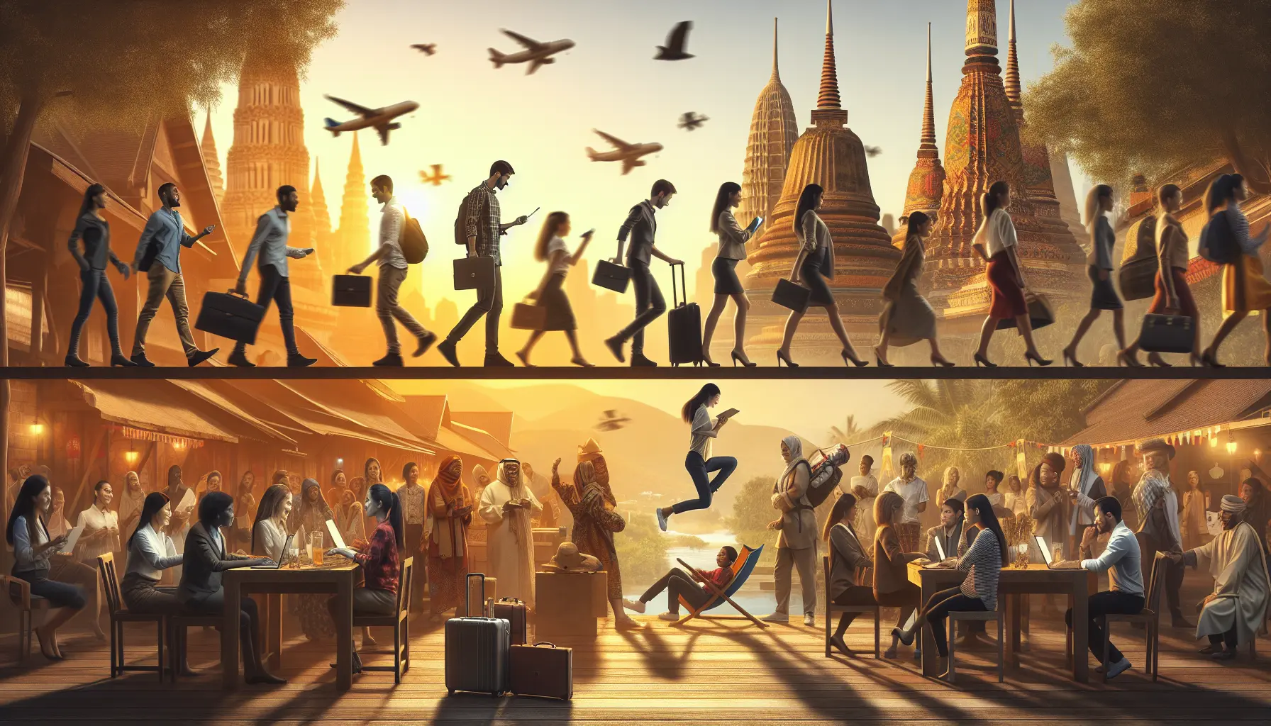 Un giovane professionista lavora al computer su una spiaggia tropicale, circondato da palme e onde che si infrangono.