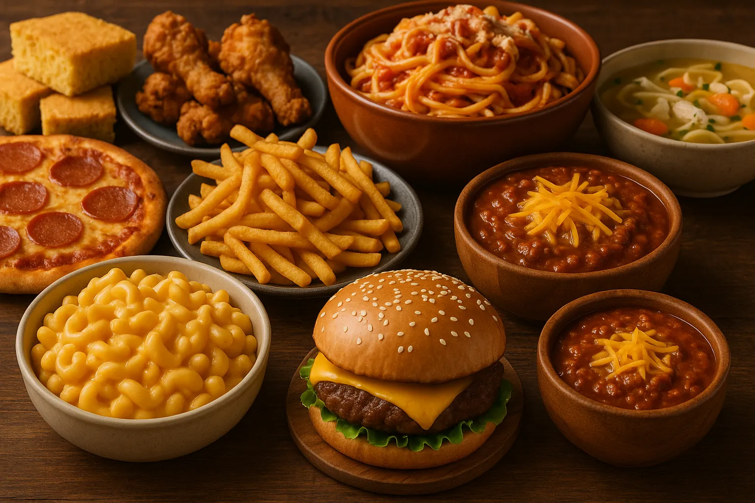 Un assortimento di comfort food internazionali su un tavolo rustico, tra cui pasta, hamburger, patatine, zuppa e pizza.