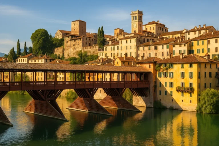 Veduta fotorealistica del Ponte degli Alpini a Bassano del Grappa al tramonto, con riflessi sul fiume Brenta e il centro storico sullo sfondo.