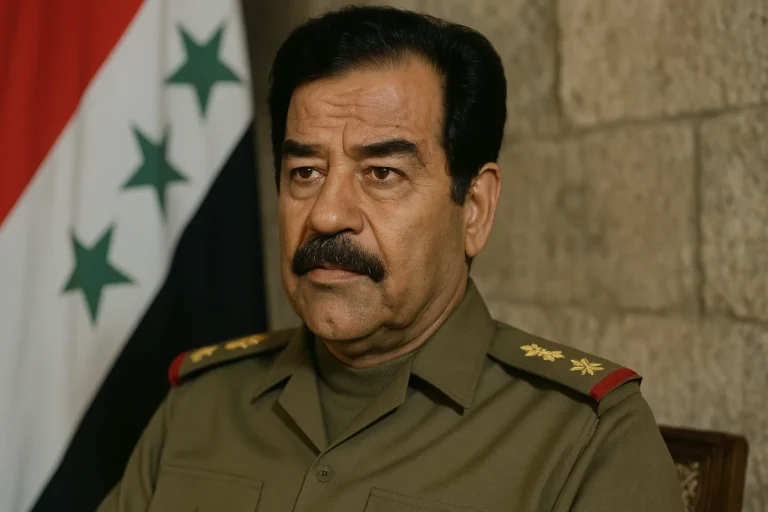Ritratto fotorealistico di Saddam Hussein in uniforme militare, con sfondo sfocato della bandiera irachena