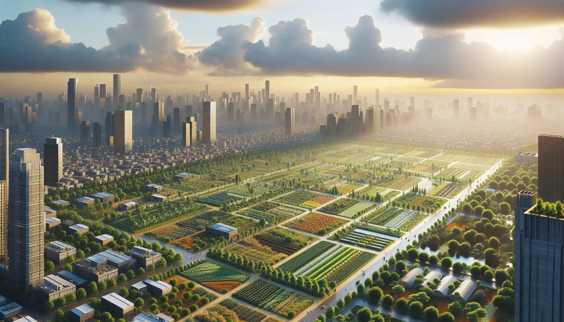 Giardino urbano con piante verdi e fiori colorati in un contesto cittadino.