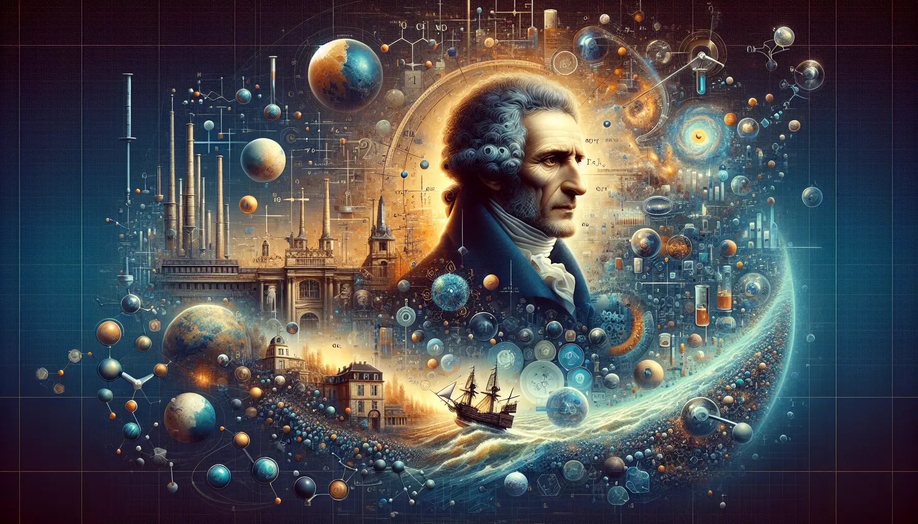 Ritratto di Antoine-Laurent de Lavoisier, il padre della chimica moderna, circondato da strumenti scientifici e libri.