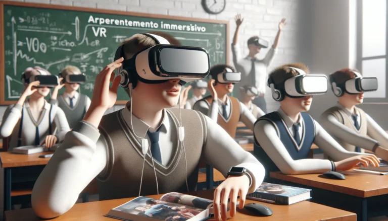 Studente che utilizza un visore di realtà virtuale in aula per un'esperienza di apprendimento immersivo.