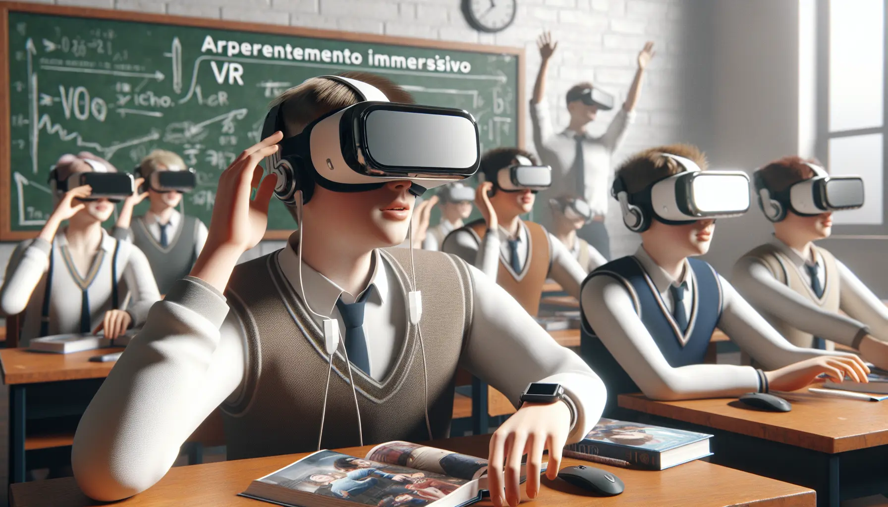 Studente che utilizza un visore di realtà virtuale in aula per un'esperienza di apprendimento immersivo.