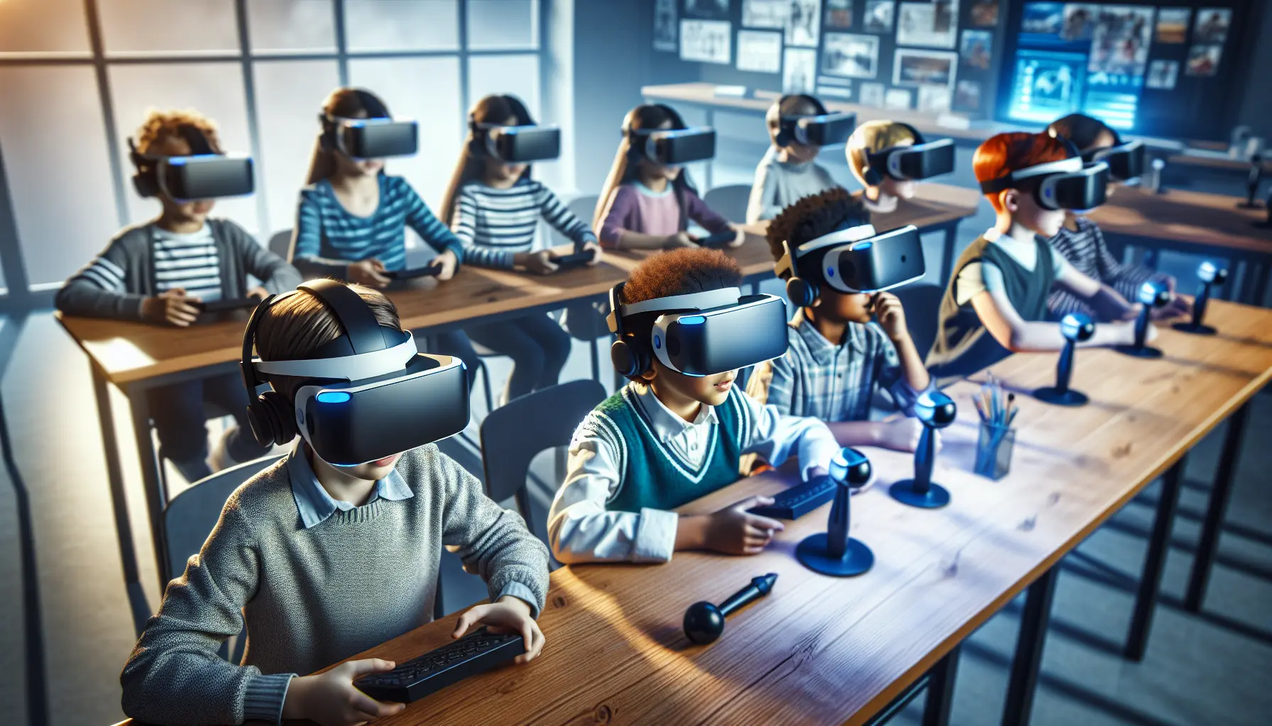 Studente che utilizza un visore di realtà virtuale in aula per un'esperienza di apprendimento immersivo.