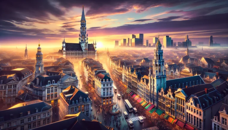 Vista panoramica di Bruxelles con i suoi storici edifici e moderni grattacieli che si stagliano contro il cielo.