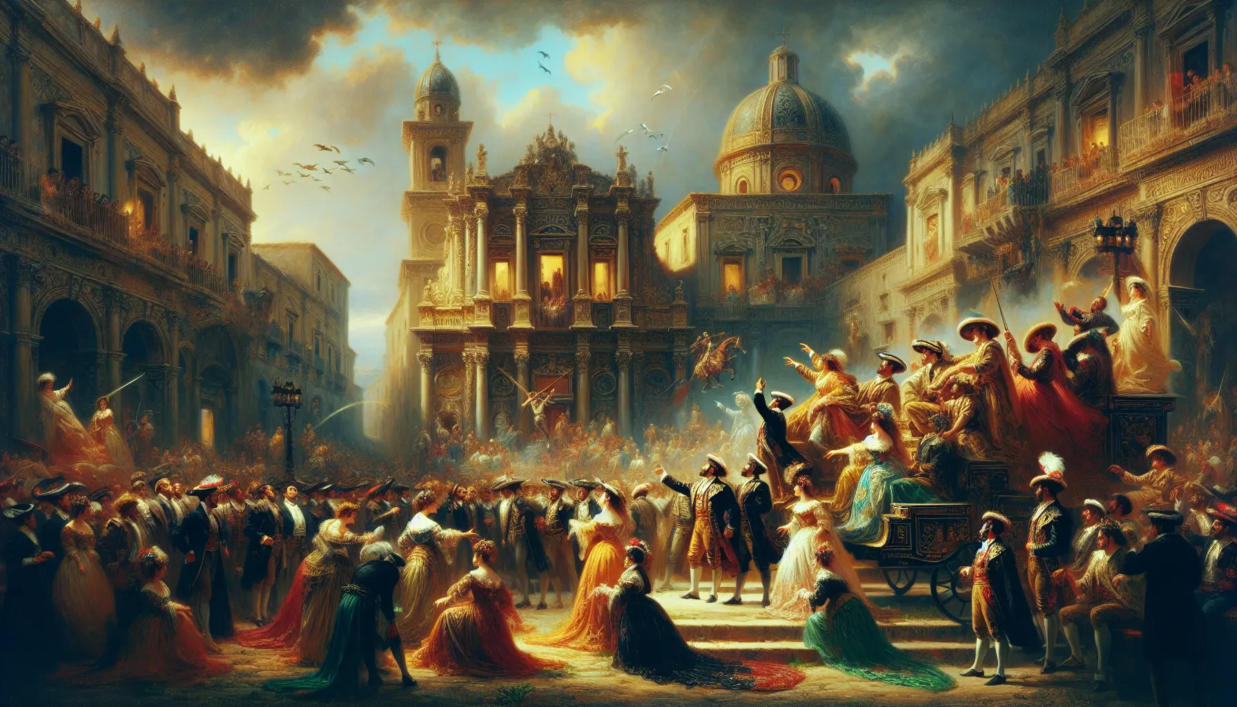 Rappresentazione scenica di Cavalleria Rusticana con protagonisti in costume siciliano sul palcoscenico