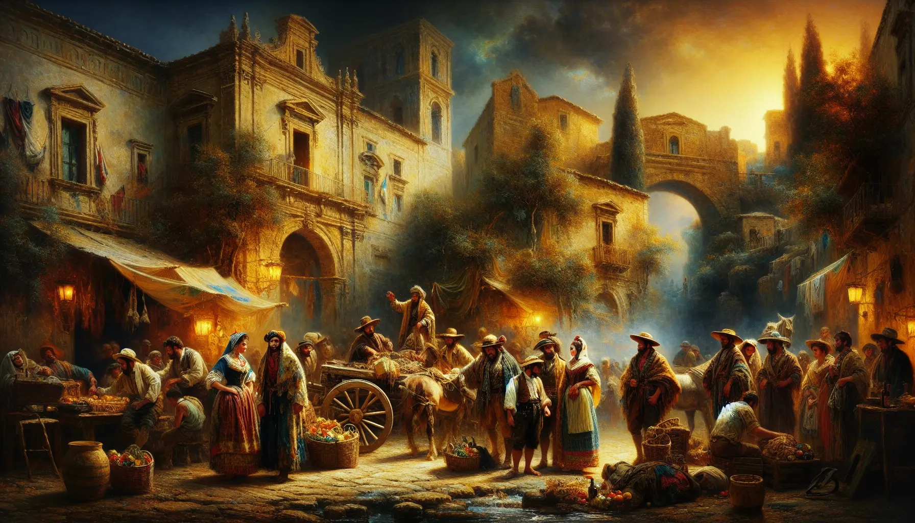 Scena dell'opera Cavalleria Rusticana con personaggi in costume tradizionale siciliano