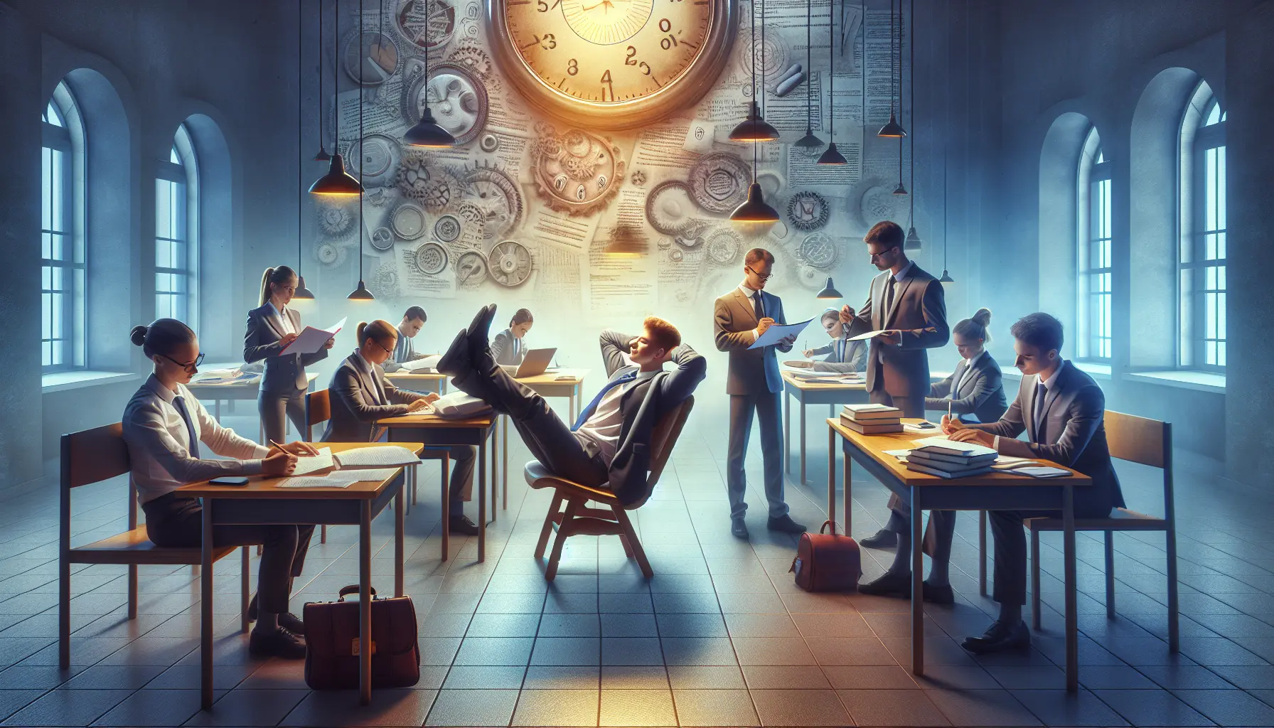 Studente che pratica tecniche di rilassamento prima di un esame, seduto in un ambiente tranquillo con un libro e una tazza di tè.