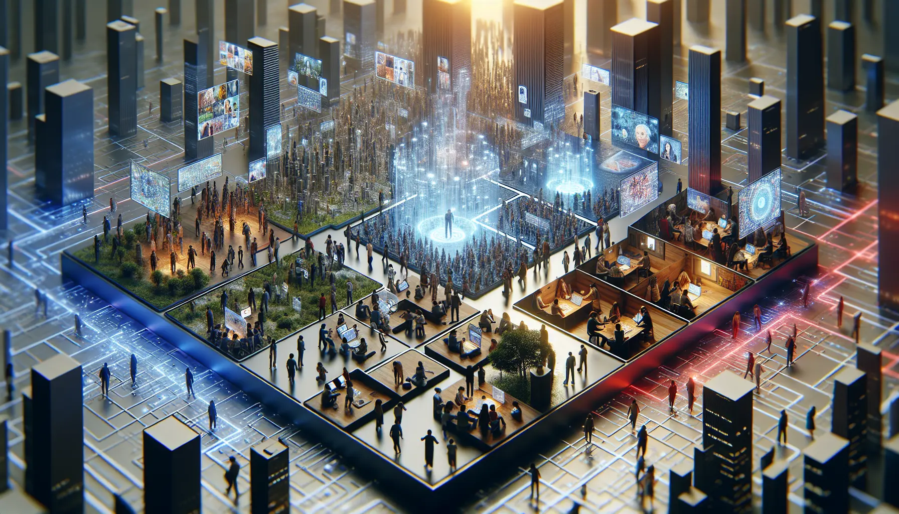 Persone che interagiscono in una comunità virtuale attraverso computer e dispositivi mobili.