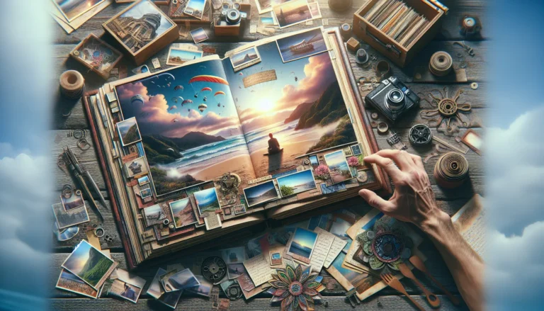 Un album di viaggio aperto con foto e decorazioni colorate, rappresentante momenti di avventure uniche.