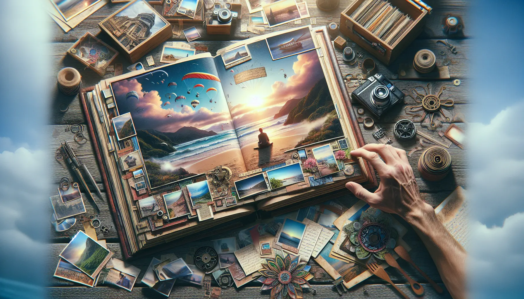 Un album di viaggio aperto con foto e decorazioni colorate, rappresentante momenti di avventure uniche.