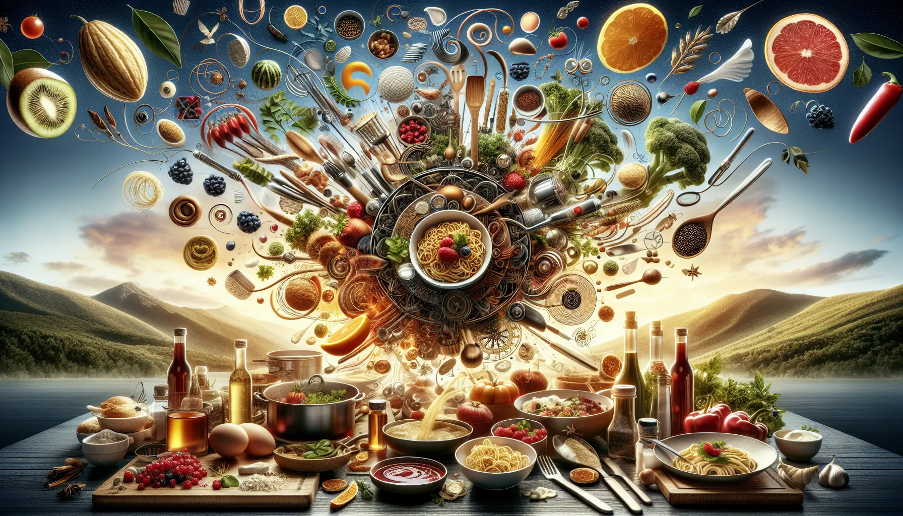 Un tavolo di cucina con ingredienti freschi e colorati, pronto per essere trasformato in un piatto unico attraverso la cucina intuitiva.