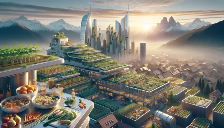 Un piatto di cucina sostenibile con ingredienti freschi e colorati, che rappresentano il futuro del cibo e la salute del pianeta.