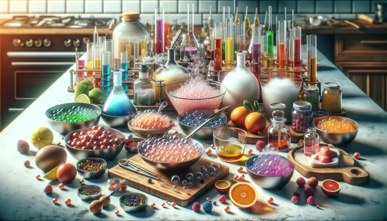 Un piatto di cucina molecolare con sfere di gelatina e schiuma di frutta