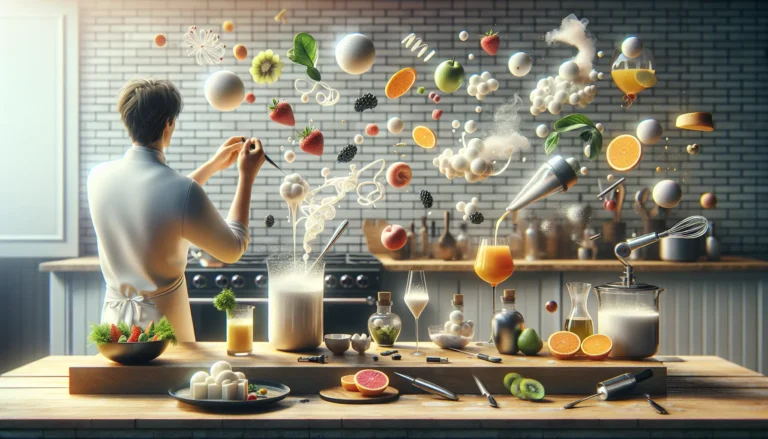 Un piatto di cucina molecolare con sfere di succo di frutta e schiuma di limone