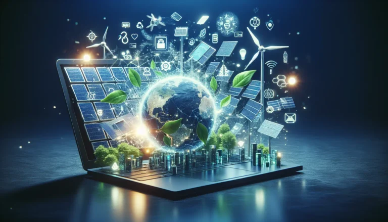 Rappresentazione grafica della digitalizzazione e sostenibilità ambientale, con simboli di tecnologie digitali e natura.